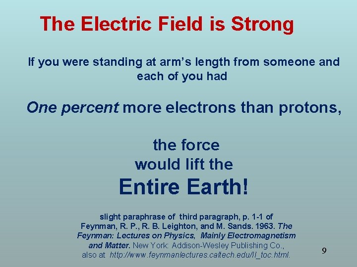 The Electric Field is Strong If you were standing at arm’s length from someone