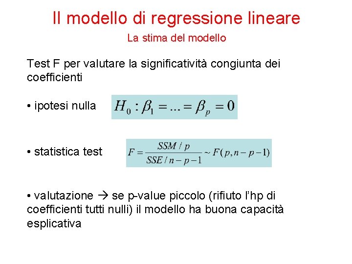 Il modello di regressione lineare La stima del modello Test F per valutare la