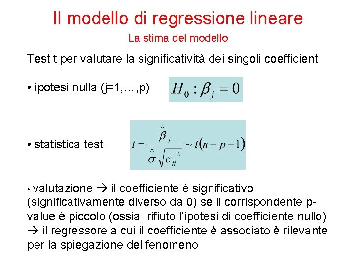 Il modello di regressione lineare La stima del modello Test t per valutare la