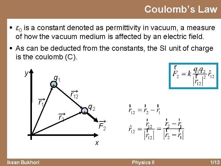 Coulomb’s Law § ε 0 is a constant denoted as permittivity in vacuum, a