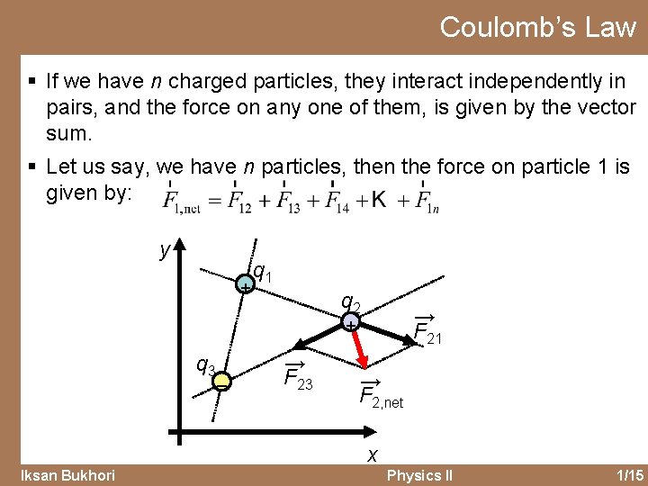 Coulomb’s Law § If we have n charged particles, they interact independently in pairs,