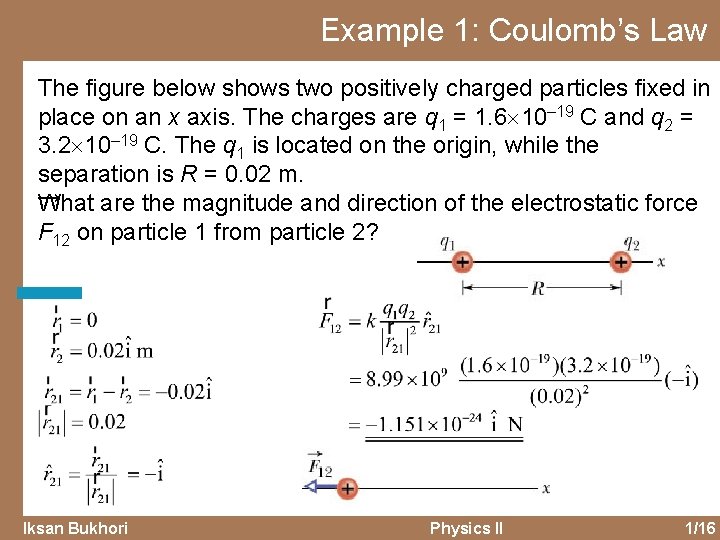 Example 1: Coulomb’s Law The figure below shows two positively charged particles fixed in