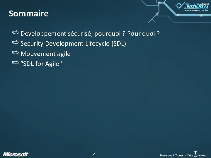 Sommaire Développement sécurisé, pourquoi ? Pour quoi ? Security Development Lifecycle (SDL) Mouvement agile