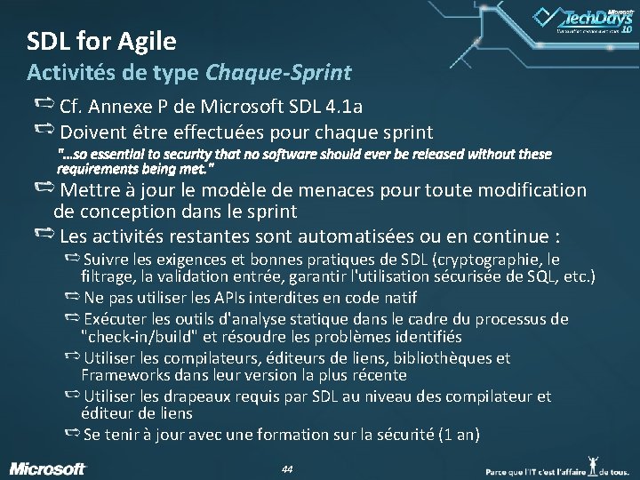 SDL for Agile Activités de type Chaque-Sprint Cf. Annexe P de Microsoft SDL 4.