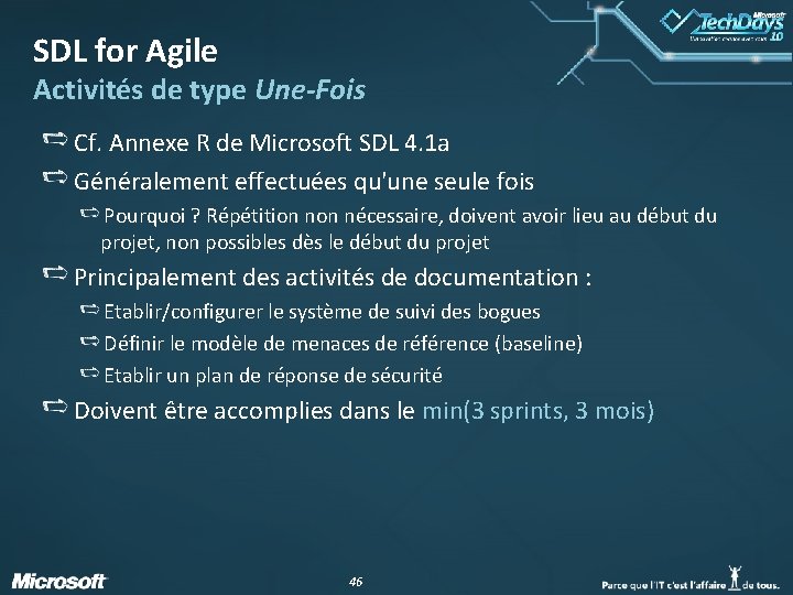 SDL for Agile Activités de type Une-Fois Cf. Annexe R de Microsoft SDL 4.