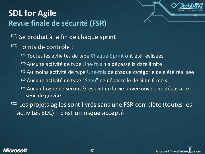 SDL for Agile Revue finale de sécurité (FSR) Se produit à la fin de