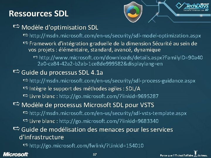 Ressources SDL Modèle d'optimisation SDL http: //msdn. microsoft. com/en-us/security/sdl-model-optimization. aspx Framework d'intégration graduelle de