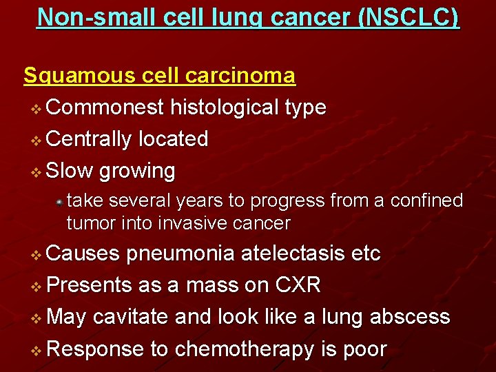 Non-small cell lung cancer (NSCLC) Squamous cell carcinoma v Commonest histological type v Centrally