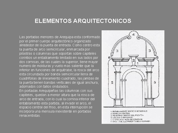 ELEMENTOS ARQUITECTONICOS Las portadas menores de Arequipa esta conformado por el primer cuerpo arquitectónico
