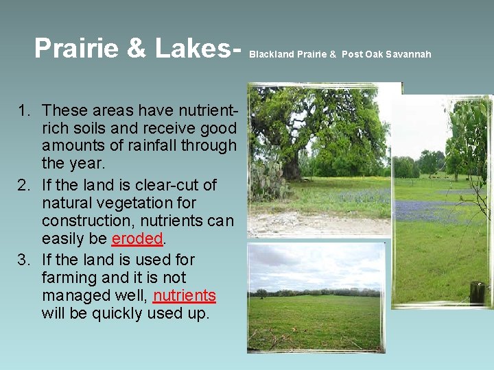 Prairie & Lakes 1. These areas have nutrientrich soils and receive good amounts of