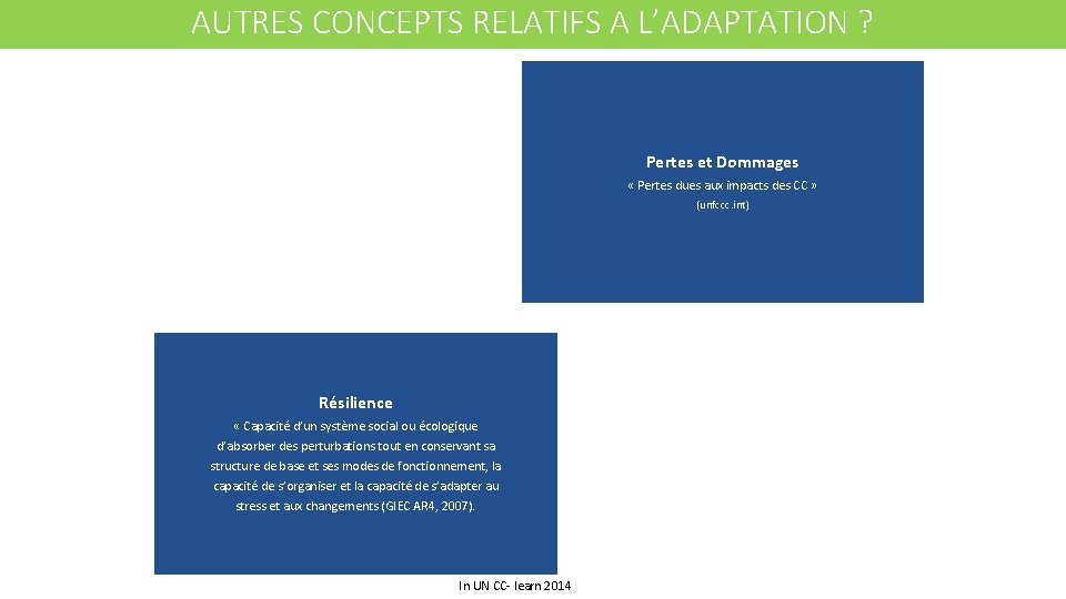 AUTRES CONCEPTS RELATIFS A L’ADAPTATION ? Pertes et Dommages « Pertes dues aux impacts