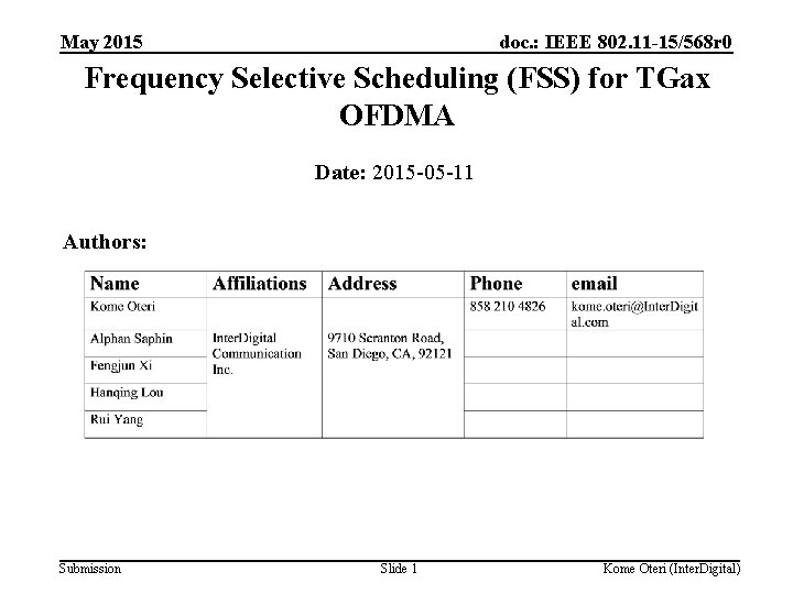 May 2015 doc. : IEEE 802. 11 -15/568 r 0 Frequency Selective Scheduling (FSS)