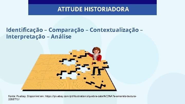 ATITUDE HISTORIADORA Identificação – Comparação – Contextualização – Interpretação – Análise Fonte: Pixabay. Disponível