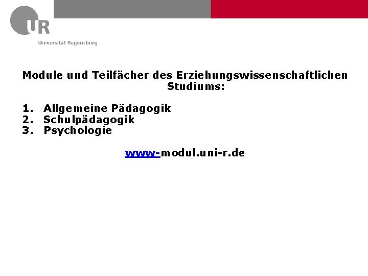 Module und Teilfächer des Erziehungswissenschaftlichen Studiums: 1. Allgemeine Pädagogik 2. Schulpädagogik 3. Psychologie www-modul.