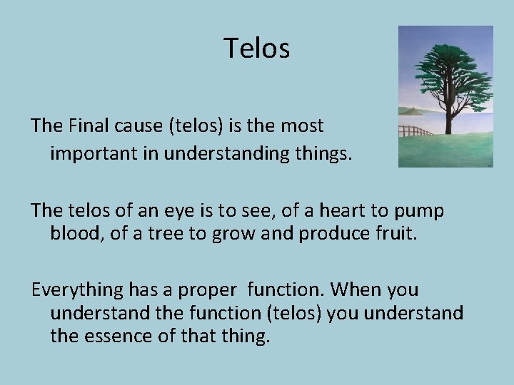 Telos The Final cause (telos) is the most important in understanding things. The telos