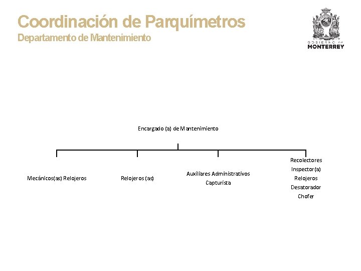 Coordinación de Parquímetros Departamento de Mantenimiento Encargado (a) de Mantenimiento Mecánicos(as) Relojeros (as) Auxiliares