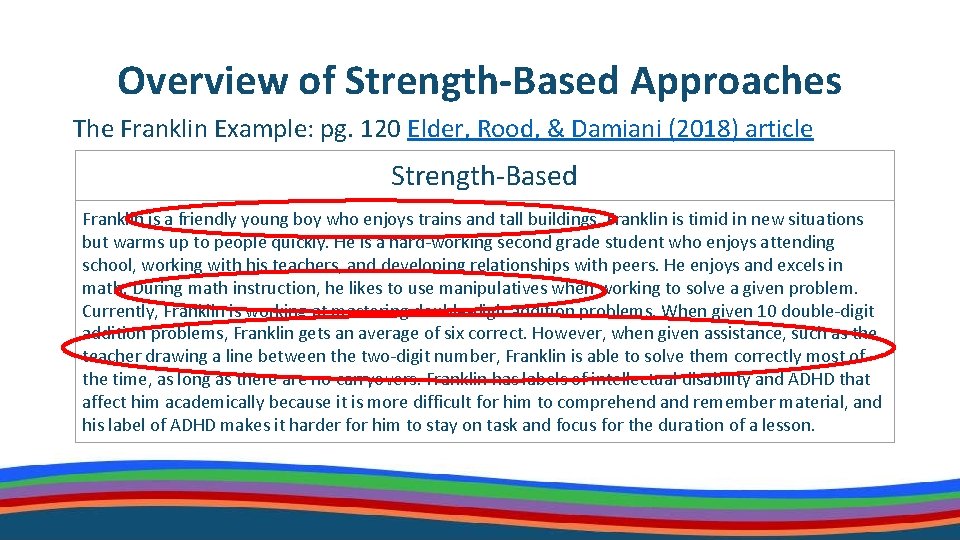 Overview of Strength-Based Approaches The Franklin Example: pg. 120 Elder, Rood, & Damiani (2018)