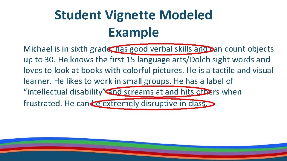 Student Vignette Modeled Example Michael is in sixth grade, has good verbal skills and