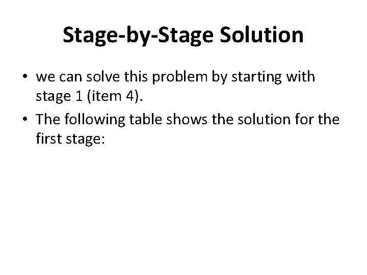 Stage-by-Stage Solution • we can solve this problem by starting with stage 1 (item