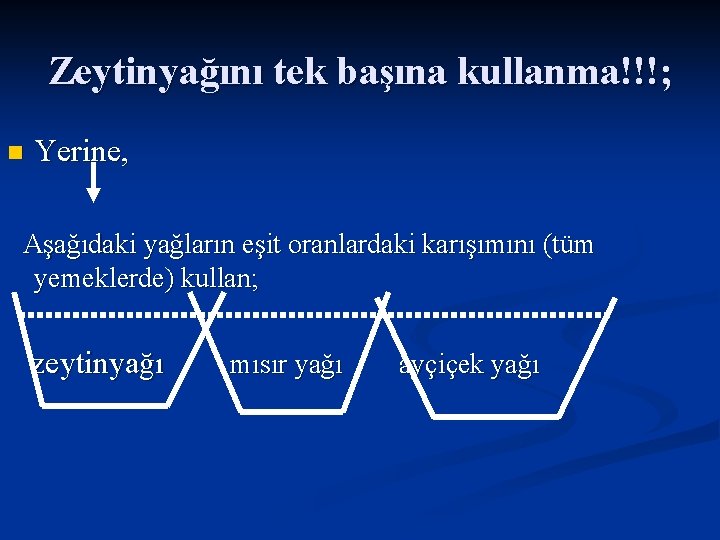 Zeytinyağını tek başına kullanma!!!; n Yerine, Aşağıdaki yağların eşit oranlardaki karışımını (tüm yemeklerde) kullan;