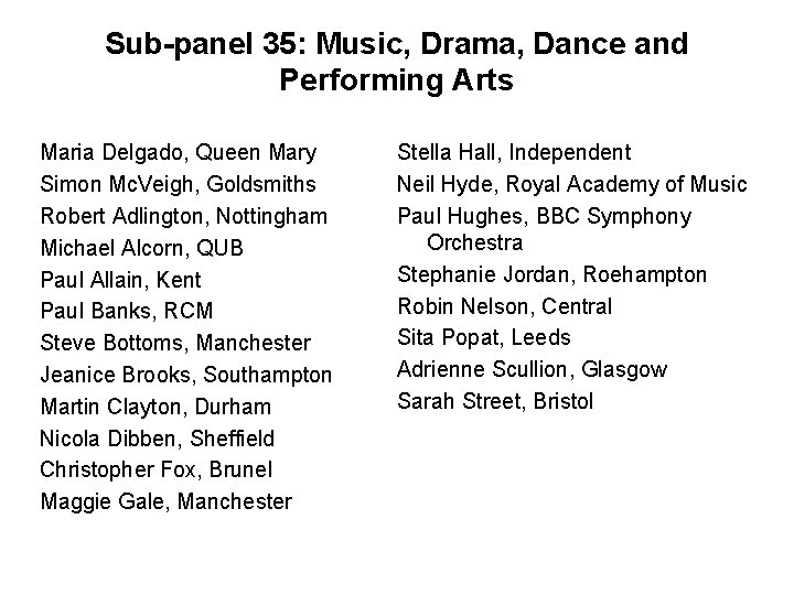 Sub-panel 35: Music, Drama, Dance and Performing Arts Maria Delgado, Queen Mary Simon Mc.