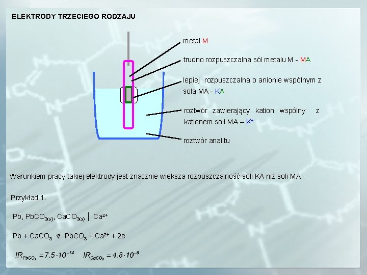 ELEKTRODY TRZECIEGO RODZAJU metal M trudno rozpuszczalna sól metalu M - MA lepiej rozpuszczalna