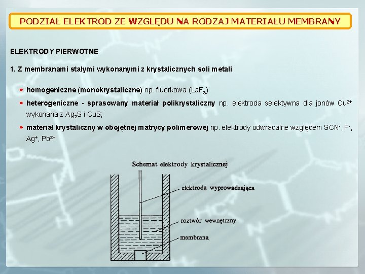 PODZIAŁ ELEKTROD ZE WZGLĘDU NA RODZAJ MATERIAŁU MEMBRANY ELEKTRODY PIERWOTNE 1. Z membranami stałymi