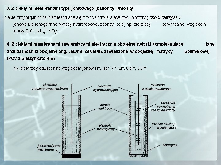 3. Z ciekłymi membranami typu jonitowego (kationity, anionity) ciekłe fazy organiczne niemieszajace się z