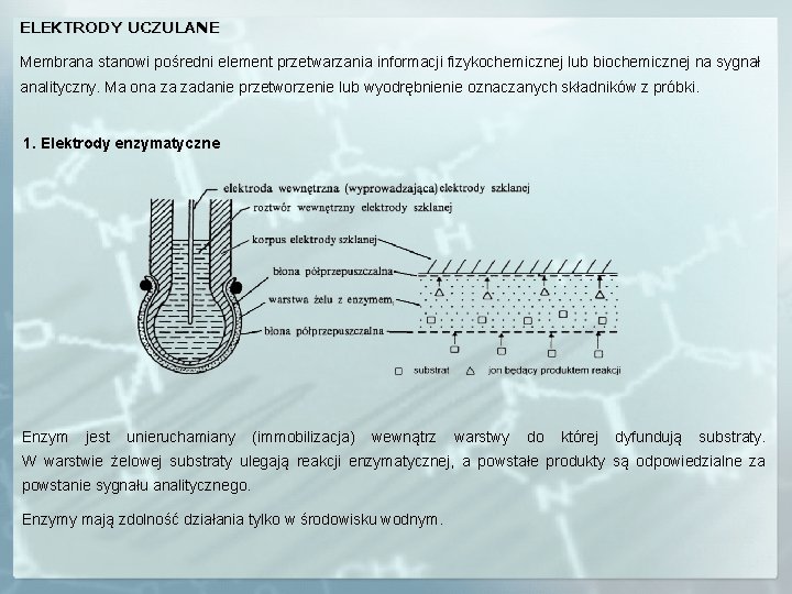 ELEKTRODY UCZULANE Membrana stanowi pośredni element przetwarzania informacji fizykochemicznej lub biochemicznej na sygnał analityczny.