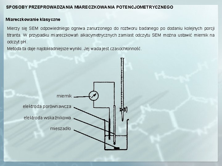 SPOSOBY PRZEPROWADZANIA MIARECZKOWANIA POTENCJOMETRYCZNEGO Miareczkowanie klasyczne Mierzy się SEM odpowiedniego ogniwa zanurzonego do roztworu