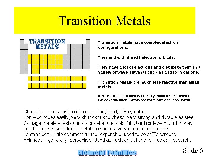 Transition Metals Transition metals have complex electron configurations. They end with d and f