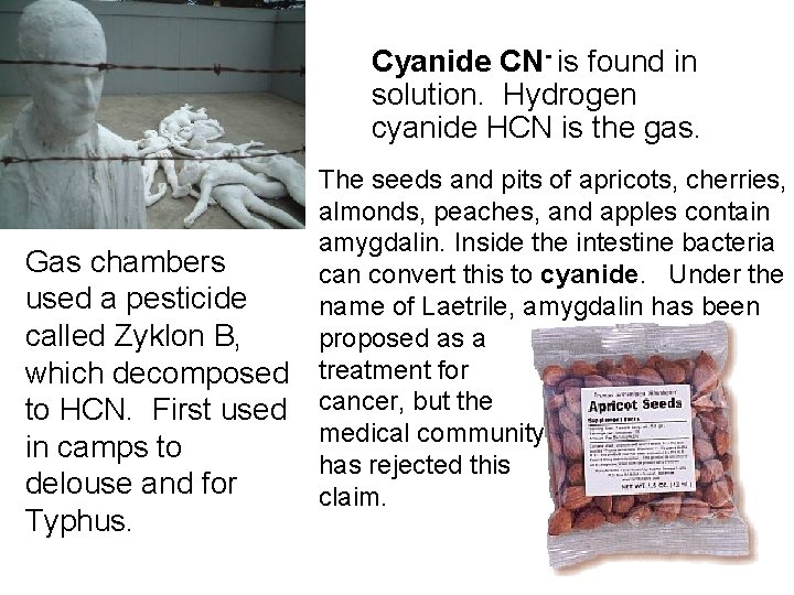 Cyanide CN- is found in solution. Hydrogen cyanide HCN is the gas. Gas chambers