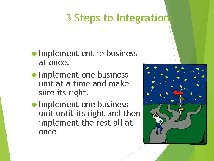 3 Steps to Integration: Implement entire business at once. Implement one business unit at