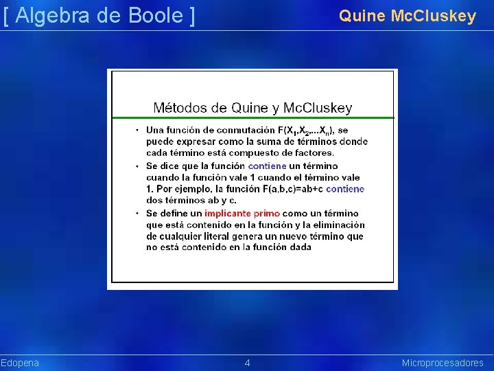 [ Algebra de Boole ] Edopena Quine Mc. Cluskey 4 Microprocesadores Präsentat ion 