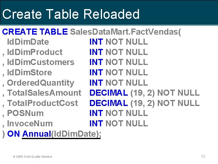 Create Table Reloaded CREATE TABLE Sales. Data. Mart. Fact. Vendas( Id. Dim. Date INT