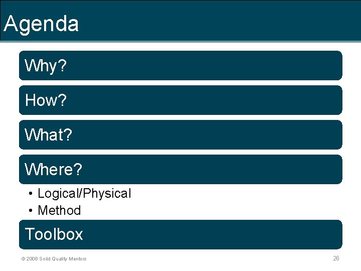 Agenda Why? How? What? Where? • Logical/Physical • Method Toolbox © 2008 Solid Quality