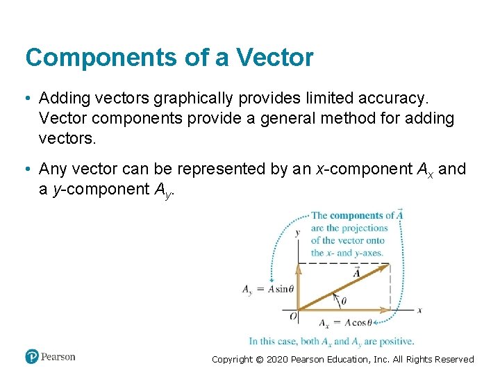 Components of a Vector • Adding vectors graphically provides limited accuracy. Vector components provide