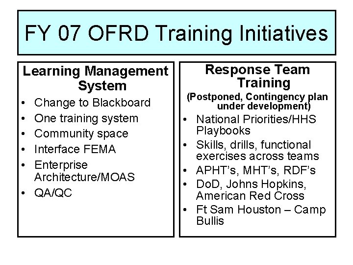 FY 07 OFRD Training Initiatives Learning Management System • • • Change to Blackboard