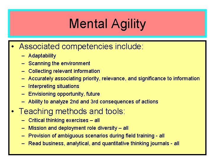 Mental Agility • Associated competencies include: – – – – Adaptability Scanning the environment