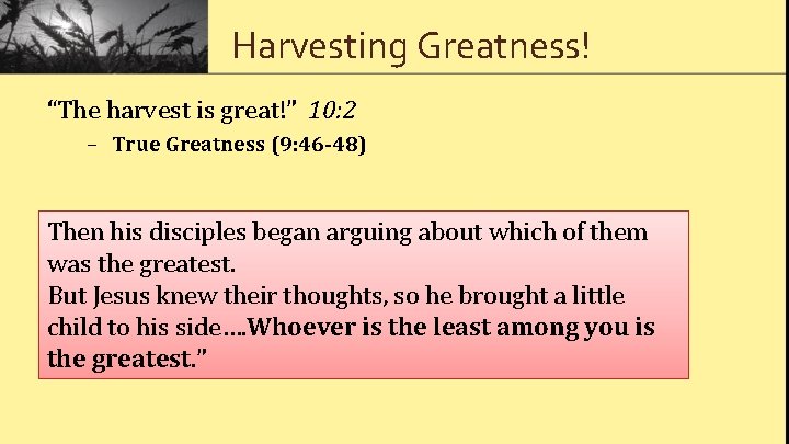 Harvesting Greatness! “The harvest is great!” 10: 2 – True Greatness (9: 46 -48)