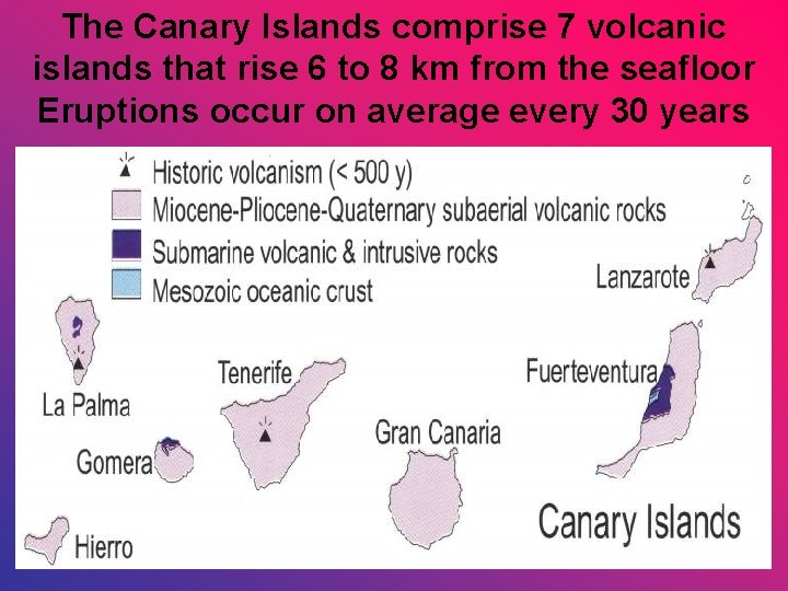 The Canary Islands comprise 7 volcanic islands that rise 6 to 8 km from
