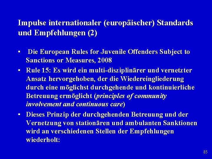 Impulse internationaler (europäischer) Standards und Empfehlungen (2) • Die European Rules for Juvenile Offenders