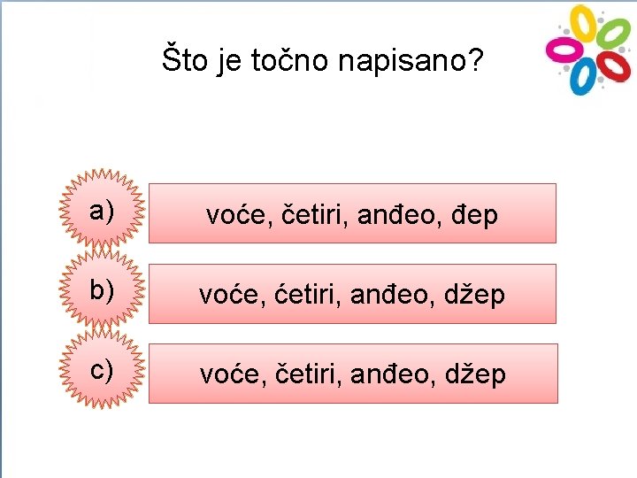 Što je točno napisano? a) voće, četiri, anđeo, đep b) voće, ćetiri, anđeo, džep