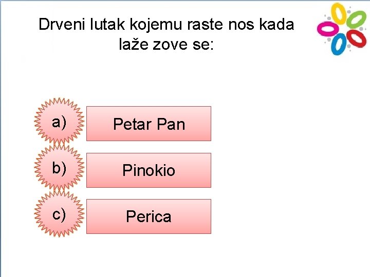 Drveni lutak kojemu raste nos kada laže zove se: a) Petar Pan b) Pinokio