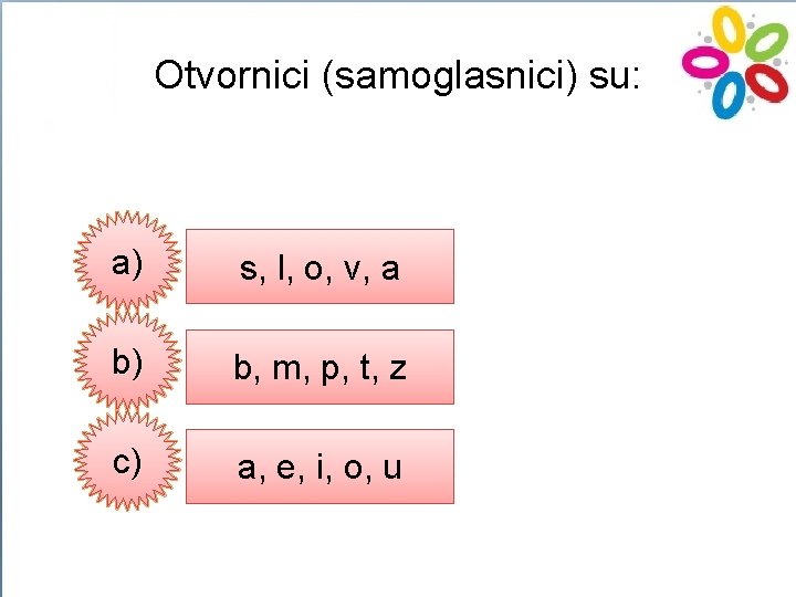 Otvornici (samoglasnici) su: a) s, l, o, v, a b) b, m, p, t,