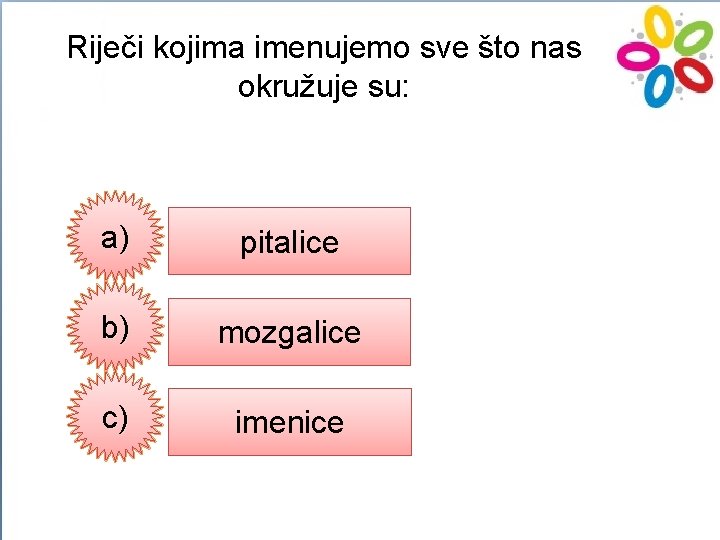 Riječi kojima imenujemo sve što nas okružuje su: a) pitalice b) mozgalice c) imenice