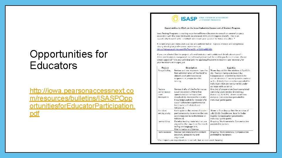 Opportunities for Educators http: //iowa. pearsonaccessnext. co m/resources/bulletins/ISASPOpp ortunitiesfor. Educator. Participation. pdf 