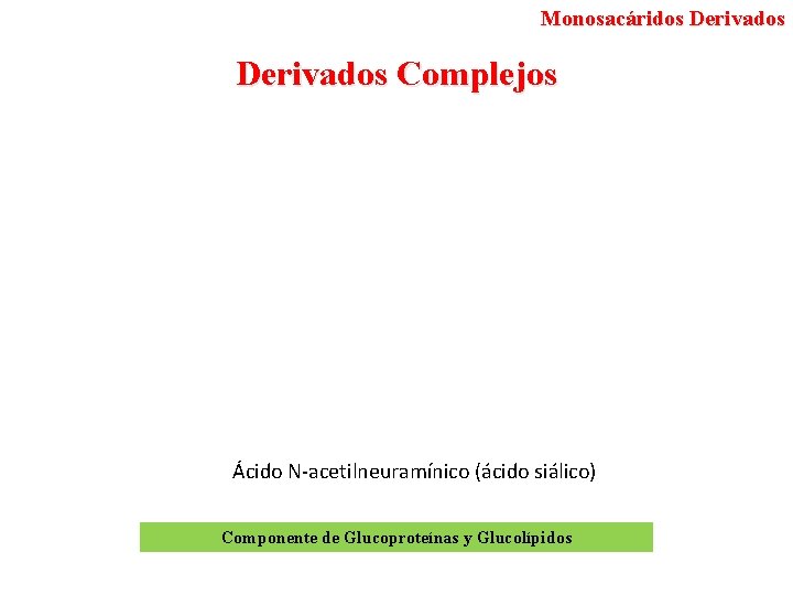 Monosacáridos Derivados Complejos Ácido N-acetilneuramínico (ácido siálico) Componente de Glucoproteínas y Glucolípidos 