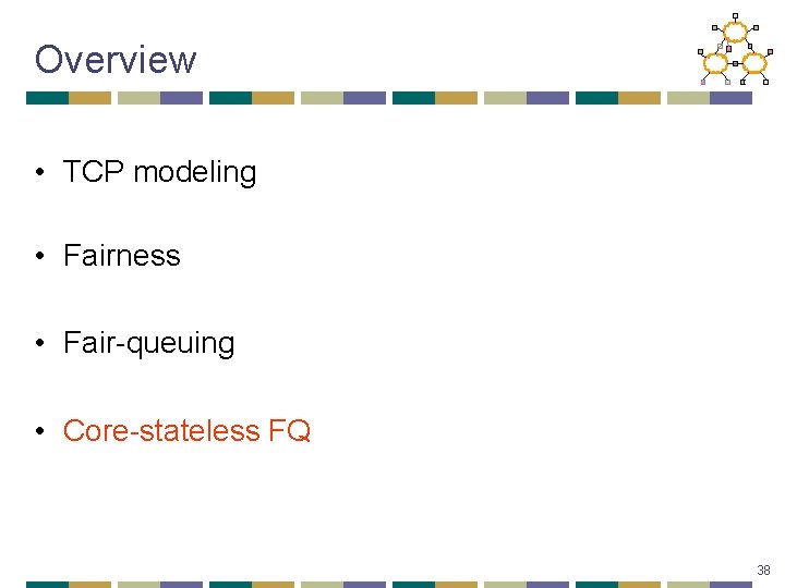 Overview • TCP modeling • Fairness • Fair-queuing • Core-stateless FQ 38 