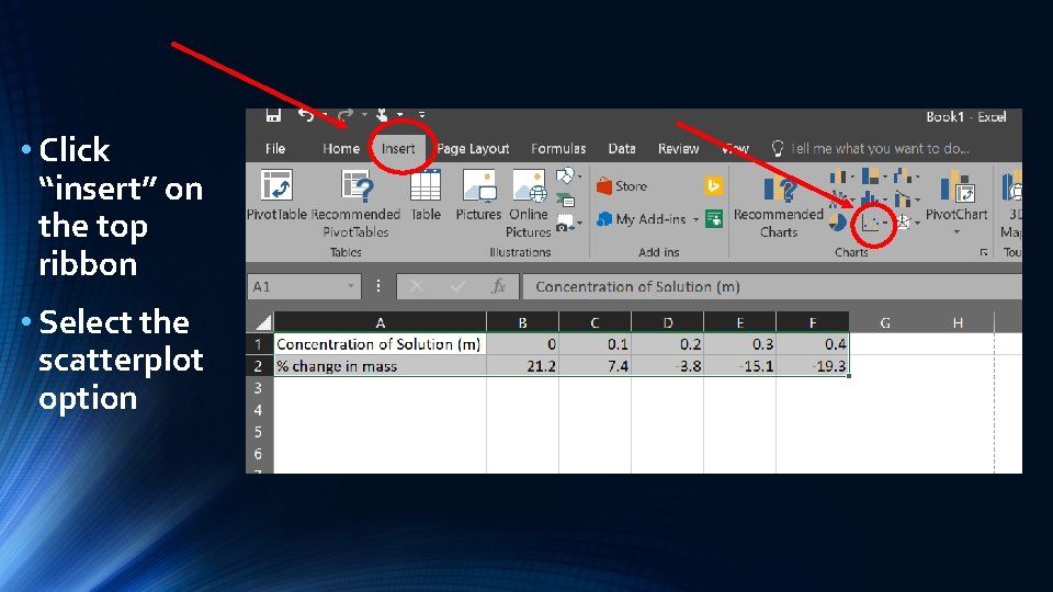  • Click “insert” on the top ribbon • Select the scatterplot option 